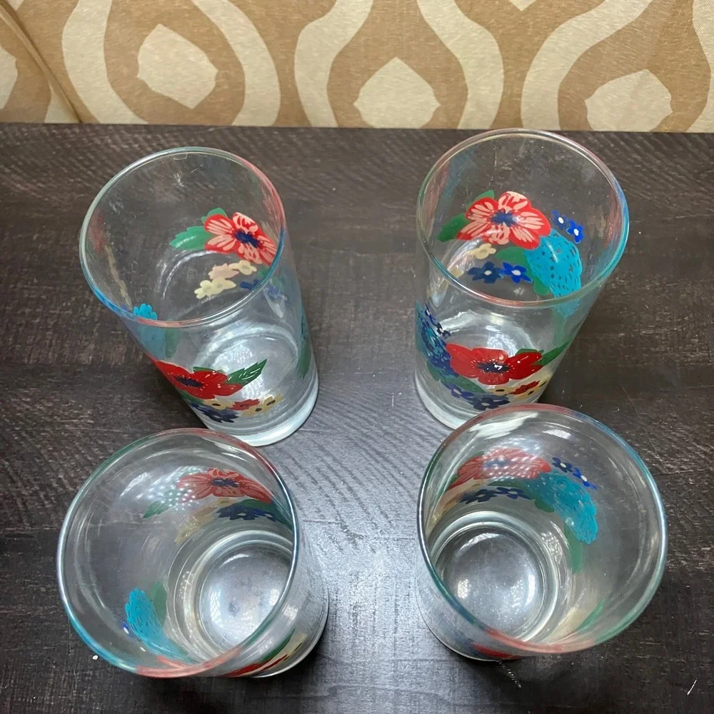 Pioneer Woman Floral Tumbler Set 4 Clear Red Blue Retro Poppies Glassware
